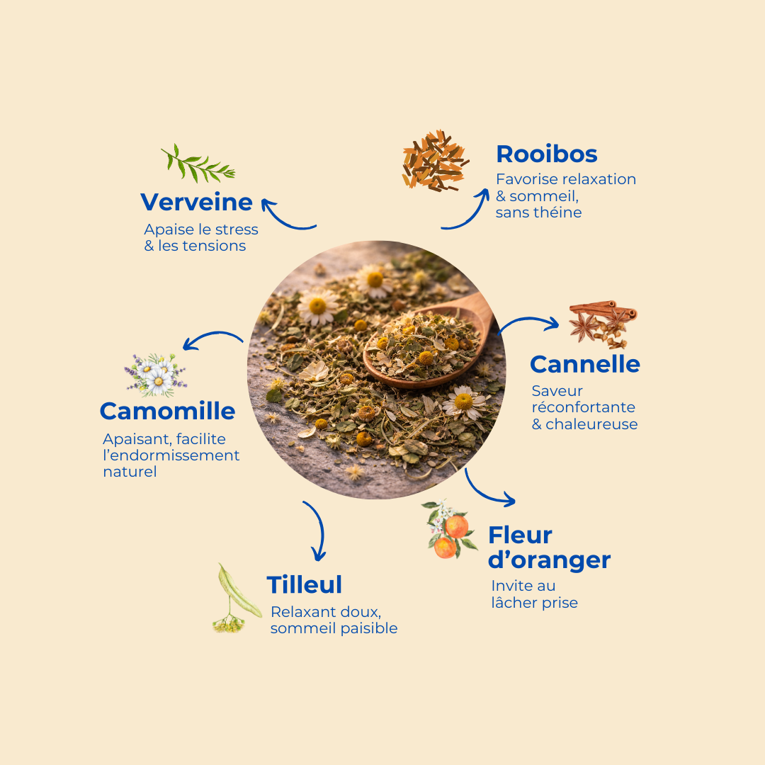 Découvrez notre gamme nuit calme composée de verveine, rooibos, camomille, cannelle, tilleul et fleur d'oranger. Pour un lâcher prise et apaisement immédiat.